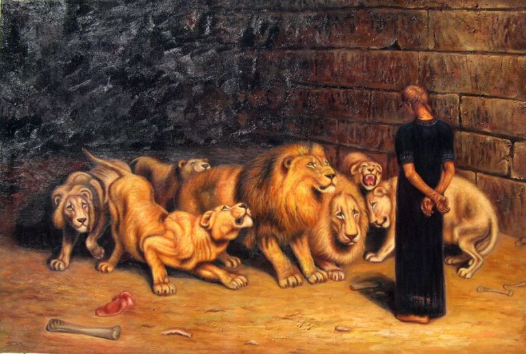 A picture depicting the biblical tale of Daniel in the Lion's den. Daniel is thrown into a lion's den for praying to the God he believes in against the wishes of the Persian king Darius. However, Daniel having God on his side, comes out unscathed. 